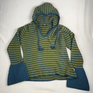 Minga London Striped Knit Hoodie Blue Green Bell Sleeve Pom Pom XXXL